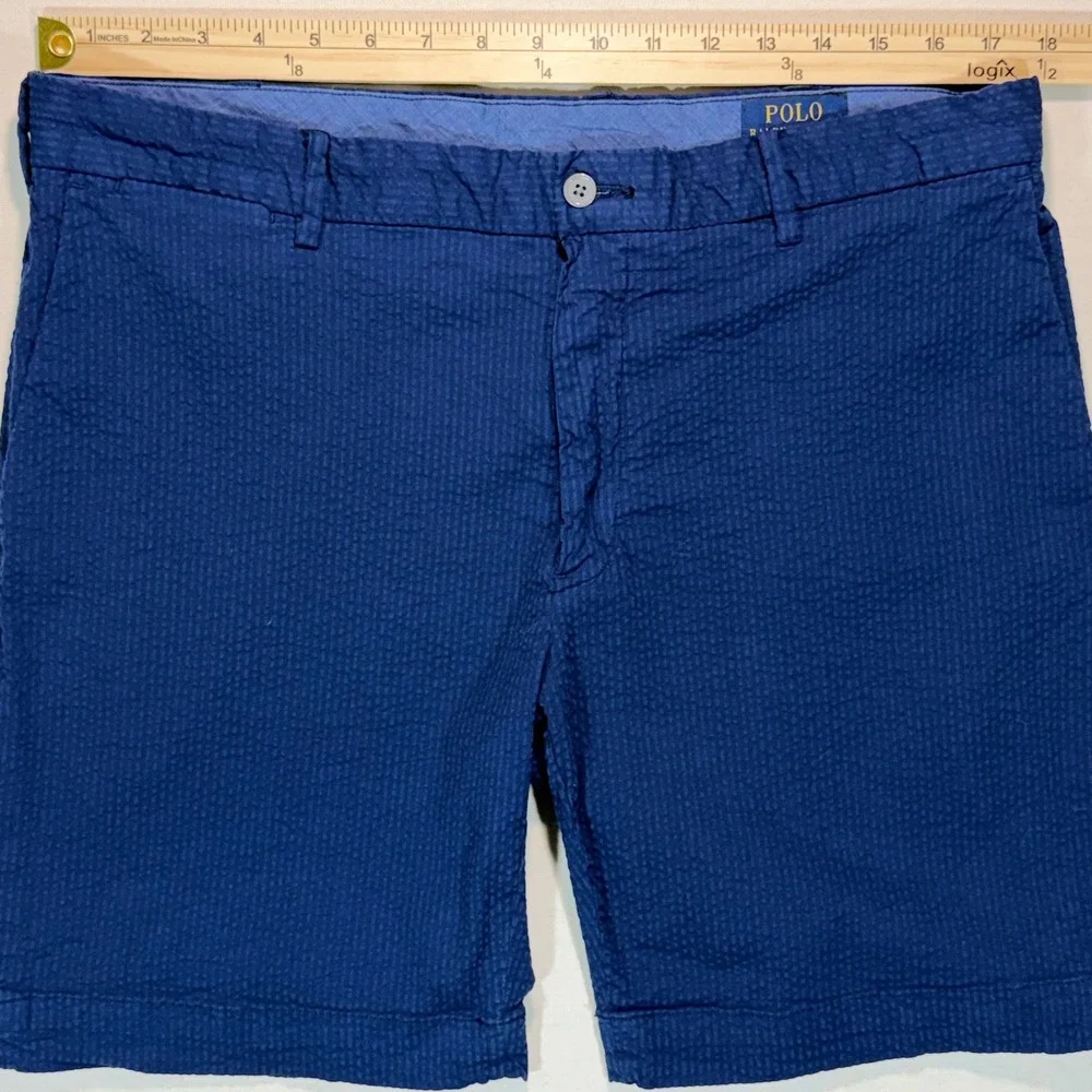 Polo Ralph Lauren Seersucker Shorts Men 36 Blue Stretch Straight Early 2010